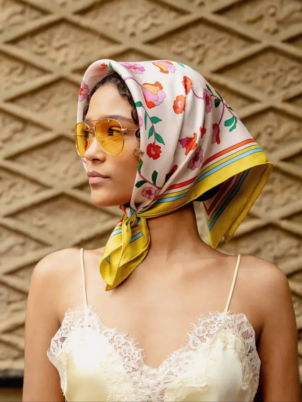 Jessie Zhao Silk Floral Headscarf in Yellow and Cream